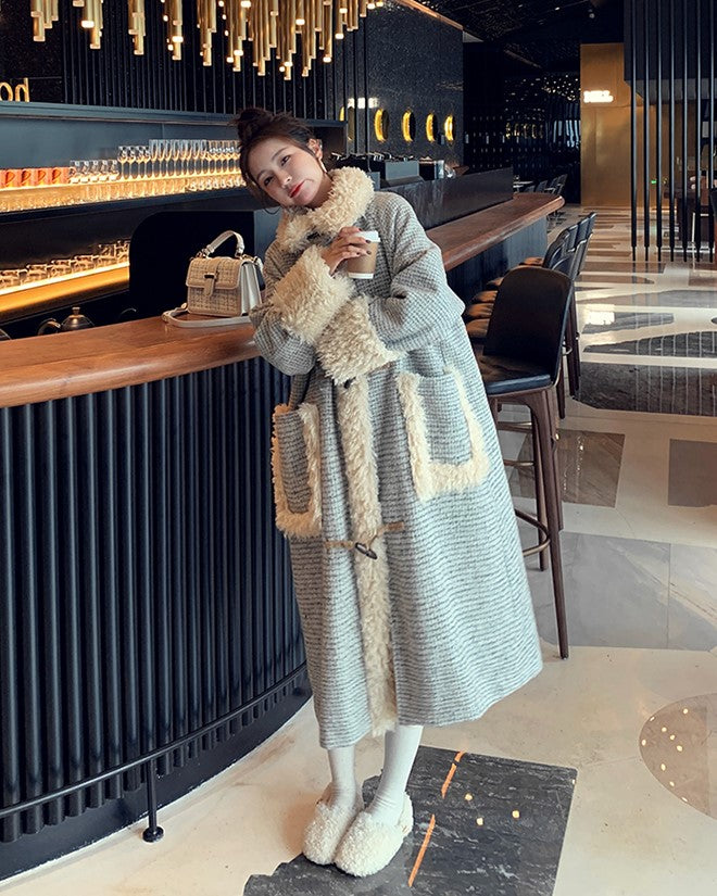 Horn Buckle Houndstooth Woolen Winter Women's Coat - Harmony Gallery