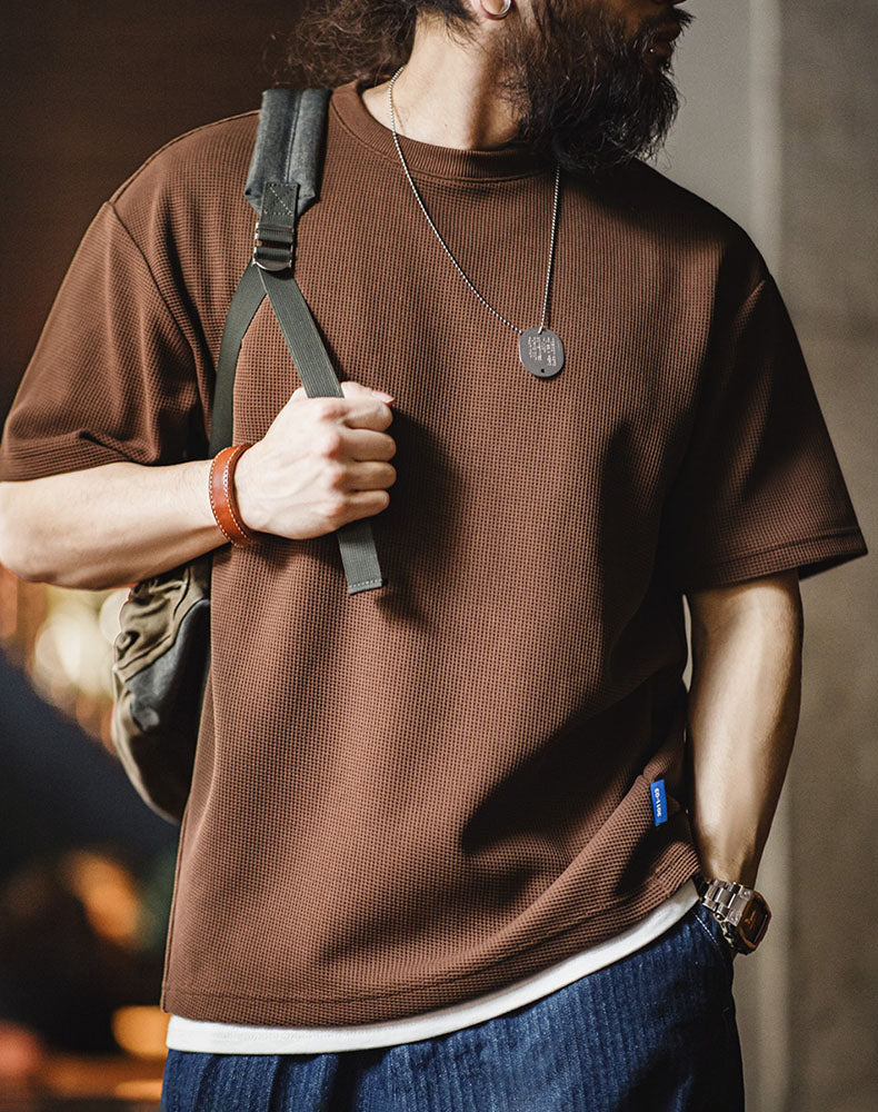 American Casual Waffle Texture Loose Layered Men's T-Shirt - Harmony Gallery
