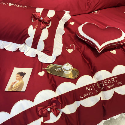 Cotton Heart Embroidery Five-Piece Wedding Bow Ruffle Bed Set - Harmony Gallery