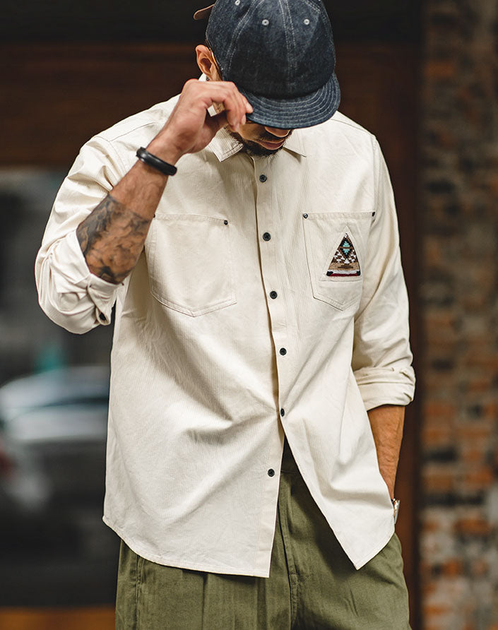 Retro Indian Totem Beige Long Sleeve Men's Shirt - Harmony Gallery