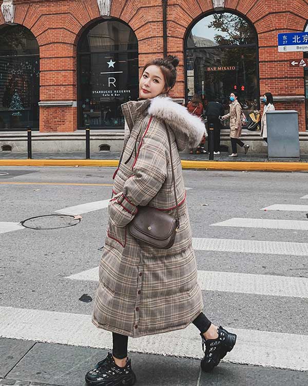 Plaid Mid-Length Quilted Padded Puffer Winter Women's Coat - Harmony Gallery