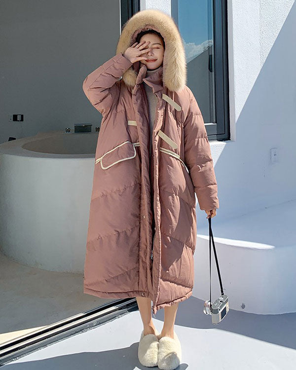 Quilted Padded Mid-Length Winter Fur Collar Women's Coat - Harmony Gallery