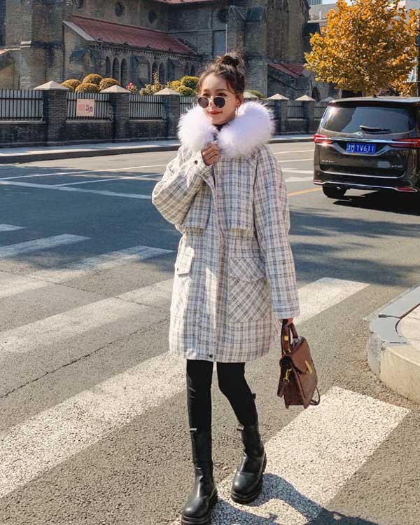 Short Length Faction Plaid Cotton Winter Women's Coat - Harmony Gallery