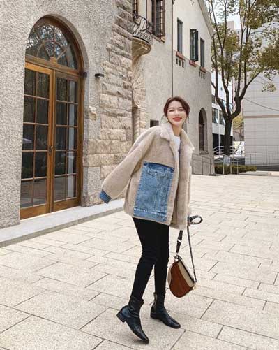 Contrast Denim Loose Lambs Wool Cotton Women's Coat - Harmony Gallery