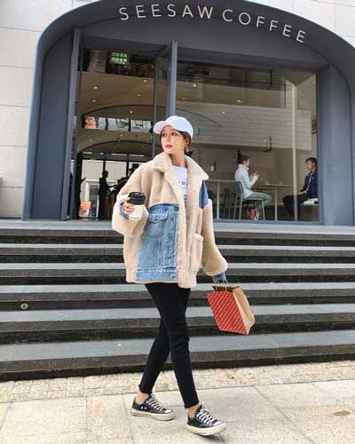 Contrast Denim Loose Lambs Wool Cotton Women's Coat - Harmony Gallery